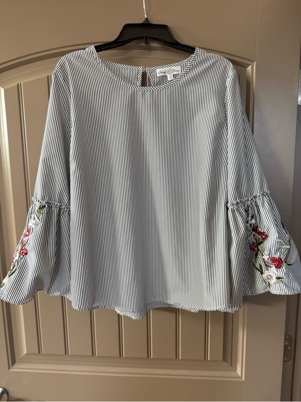 Striped Bell Sleeve Top with Gorgeous Floral Embroidery - White/Grey